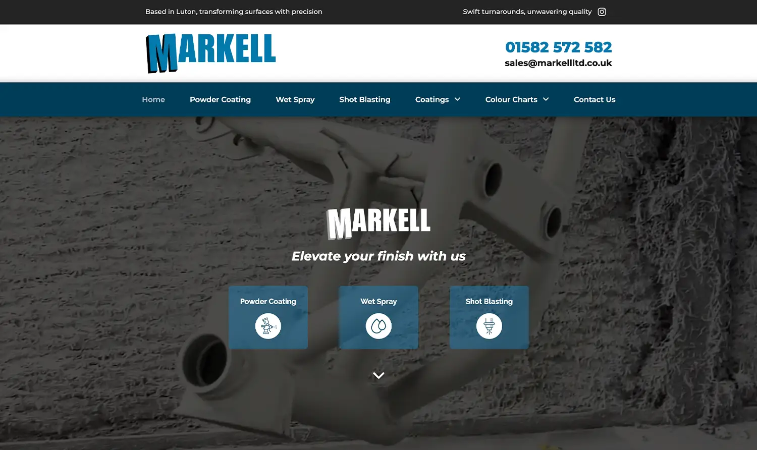 powder coating metalworks website designed for markell ltd
