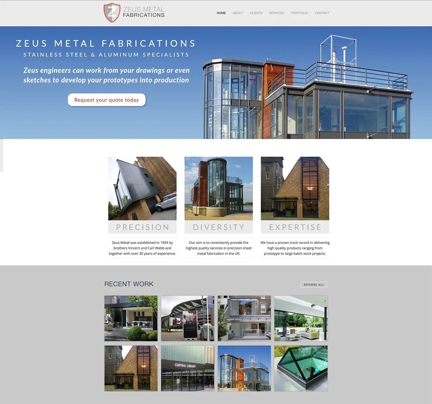 old website layout for zeus metal metalworks website